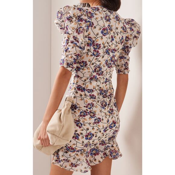 Isabel‎ Marant Étoile Sireny Puff-Sleeve Ruched Floral Cotton Mini Dress Size 4 - Picture 3 of 9